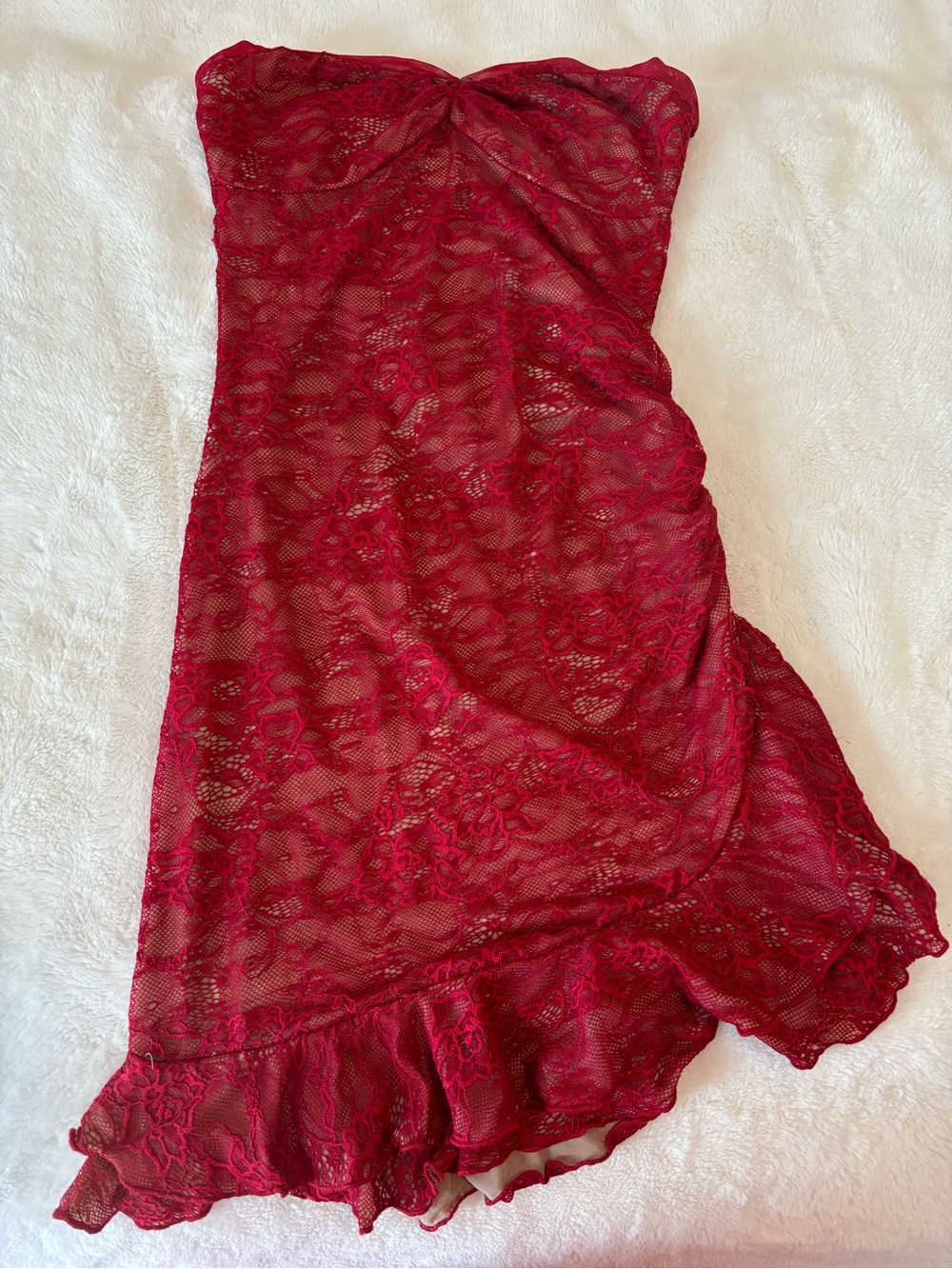 Princess Polly Strapless Red Lace Ruffle Mini Dress